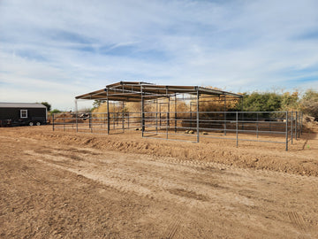 Mare Motel with (4) 12x24 Stalls and 10ft Breezeway 4-Rail - 0